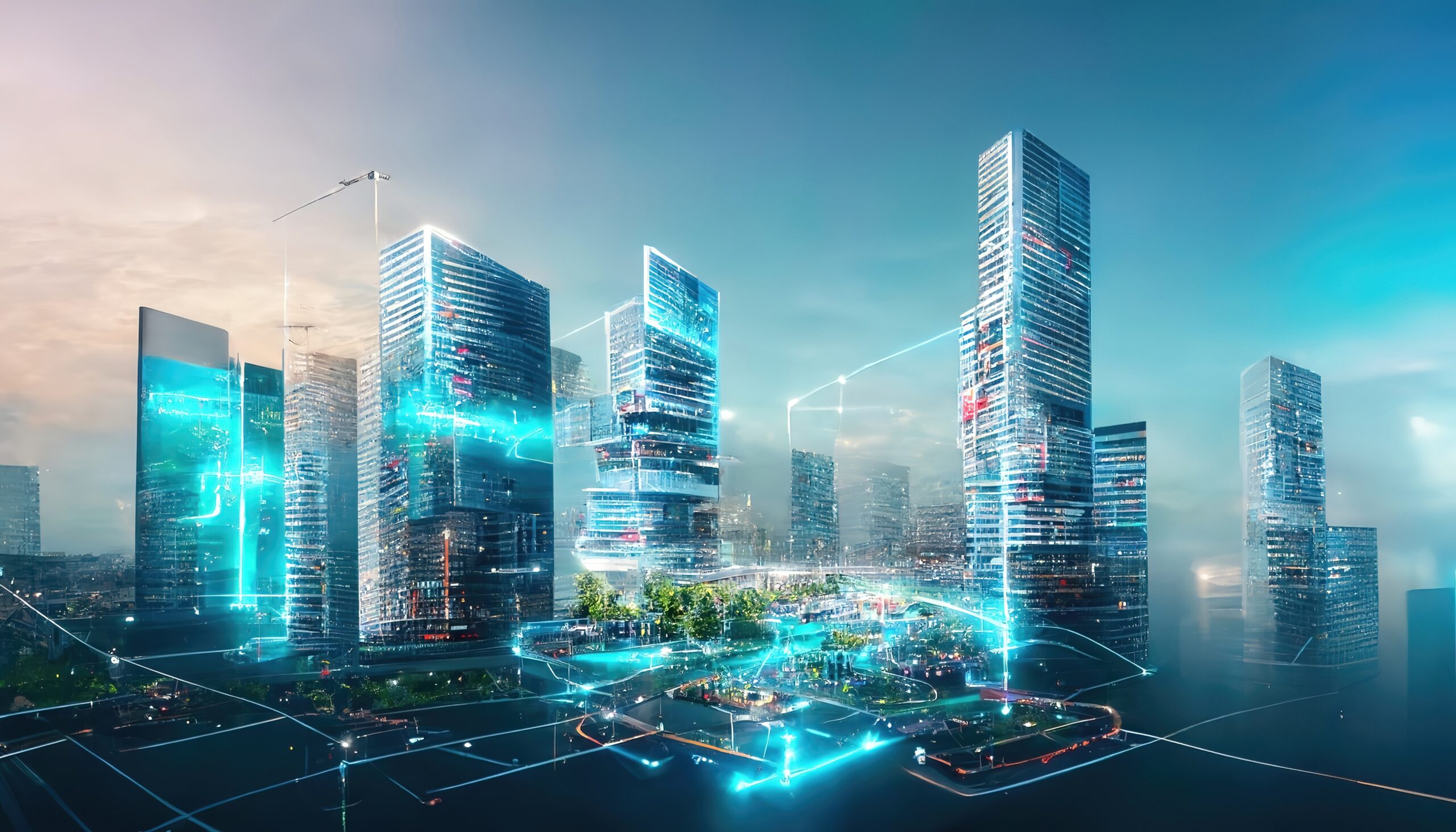 Raster illustration of metropolis of the future. Skyscrapers, neon blue glow, turquoise, telecommunication tower, global network, park in the city, against the blue sky. Technology concept. 3D artwork