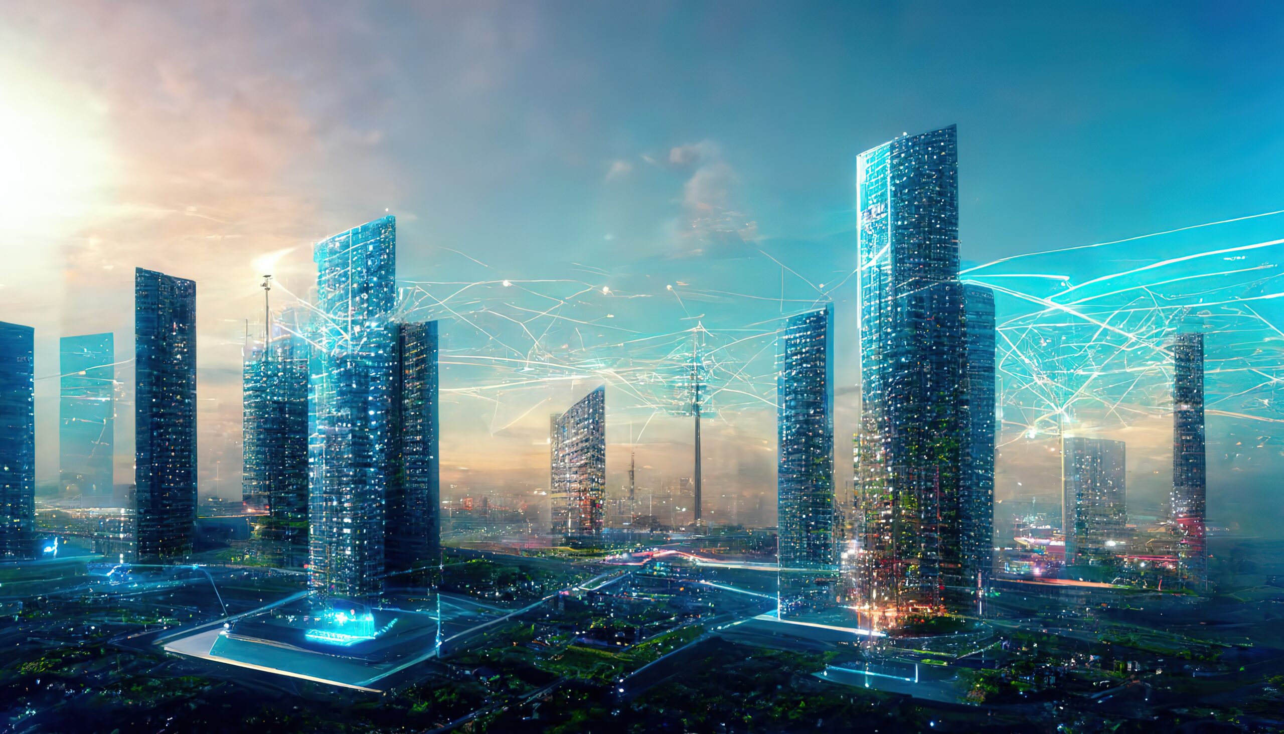 Raster illustration of modern city with communication towers with neon blue wires. Electricity, internet connection, sphere with mobile network, 5g, future, dark sky, buildings. 3D artwork